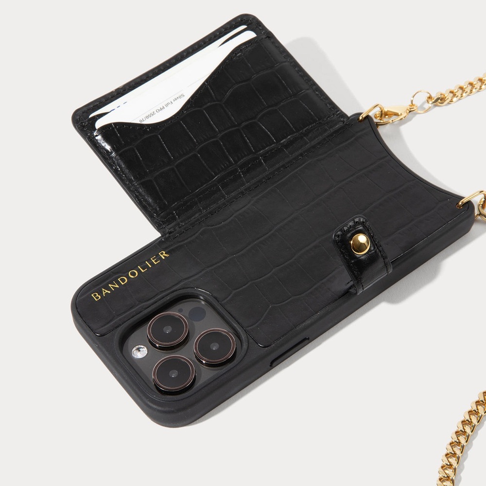 Bandolier | Mona Magsafe  Crossbody Phone Case in Black Croc & Gold | SOLD OUT